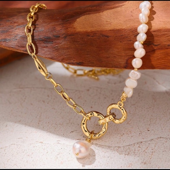 New 18K Gold Plated  Natural  Pearl Circle Link Chain Pendant Choker Necklace - Picture 3 of 14